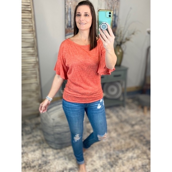 ❤️‍🔥Boat Neck Short Ruffle Bell Dolman Sleeve Top Coral 0922 - Picture 5 of 14